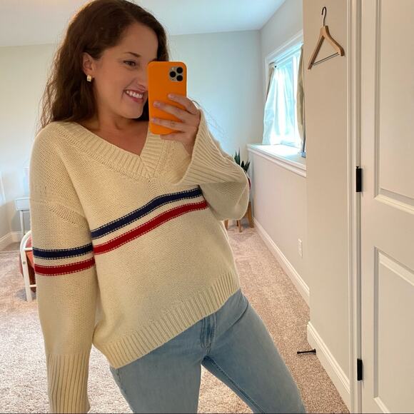 TOMORROWLAND Cream Blue Red Striped Wool V Neck Sweater Small - Picture 5 of 16